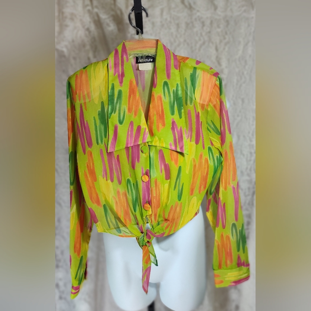 Vintage Hot Stuff Yellow and Green Long Sleeve Tie Front Blouse